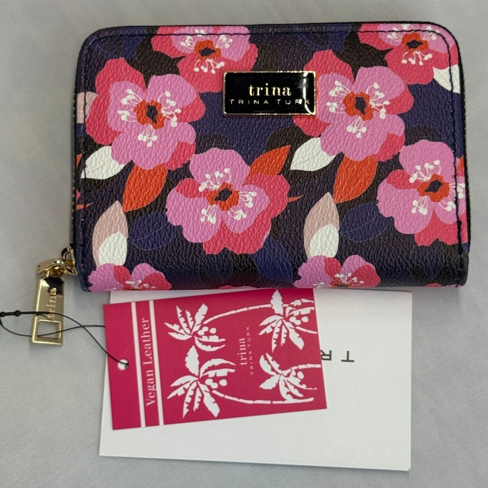 Trina Trina Turk All Over Narcissus Small Zip Around Wallet Vegan Leather NWT